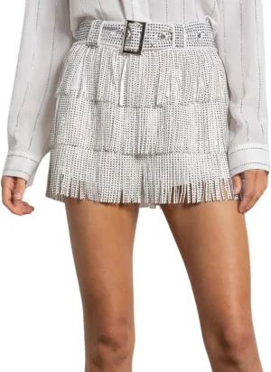 Womens Sparkle Rhinestone Fringe Shorts Pants Elastic Band Skort Western Cowgirl Mini Skirt Built-in Short