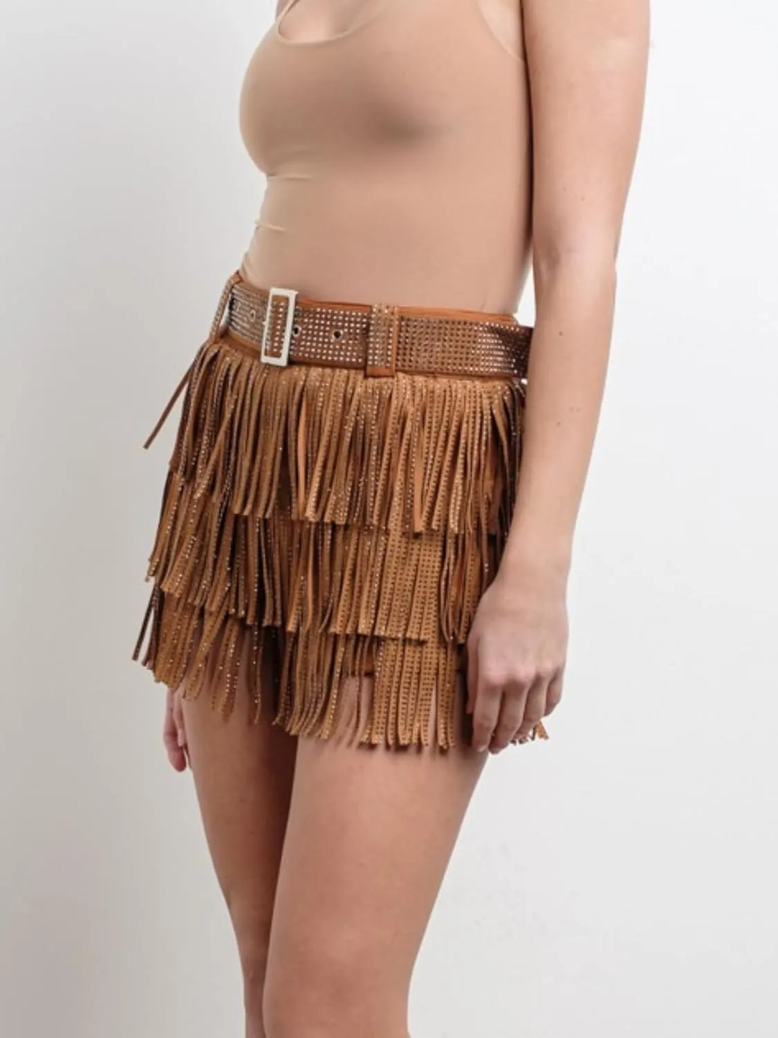 Womens Sparkle Rhinestone Fringe Shorts Pants Elastic Band Skort Western Cowgirl Mini Skirt Built-in Short