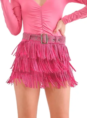 Womens Sparkle Rhinestone Fringe Shorts Pants Elastic Band Skort Western Cowgirl Mini Skirt Built-in Short