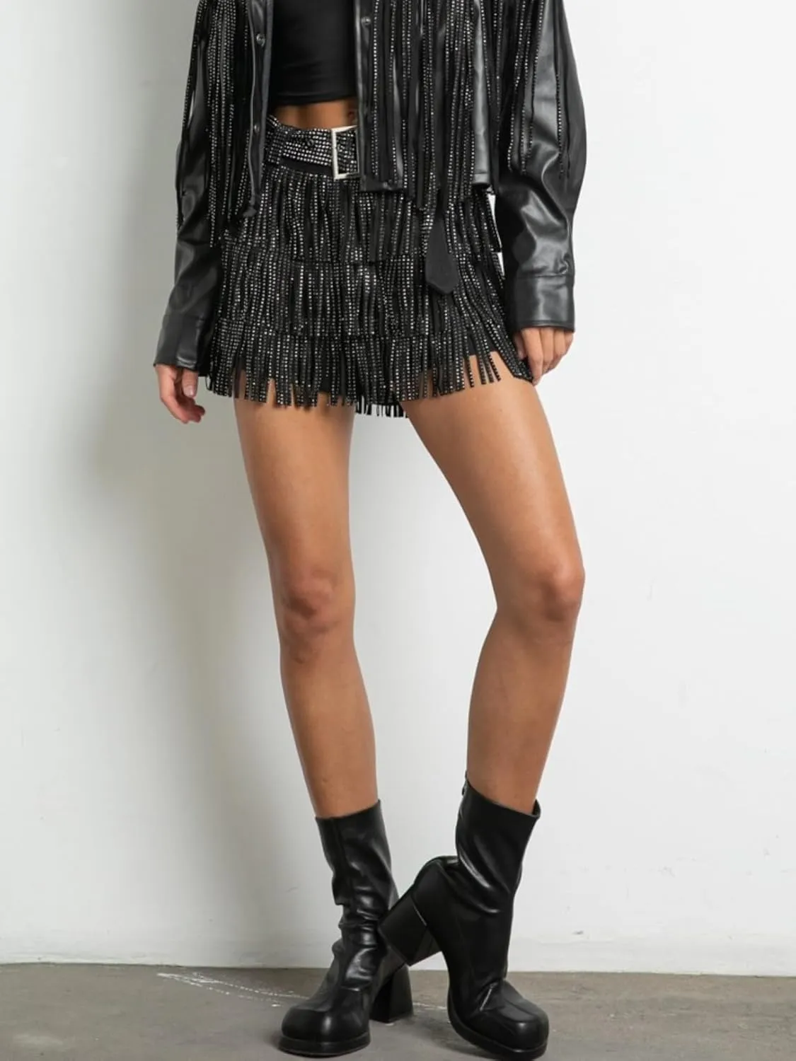 Womens Sparkle Rhinestone Fringe Shorts Pants Elastic Band Skort Western Cowgirl Mini Skirt Built-in Short