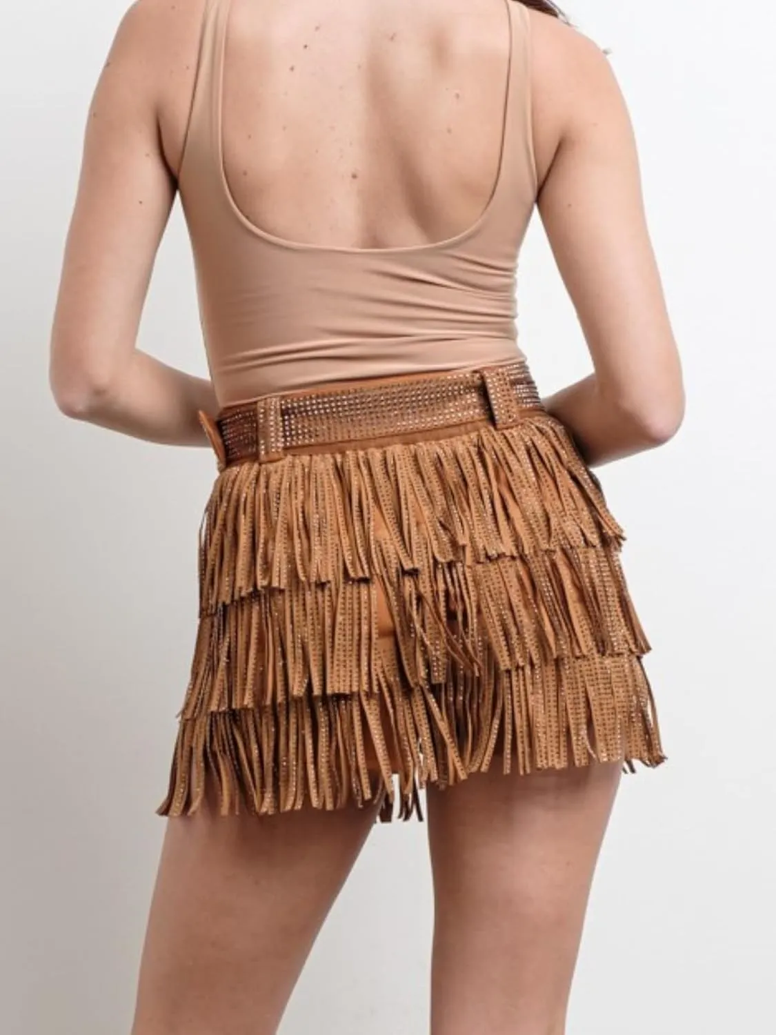 Womens Sparkle Rhinestone Fringe Shorts Pants Elastic Band Skort Western Cowgirl Mini Skirt Built-in Short