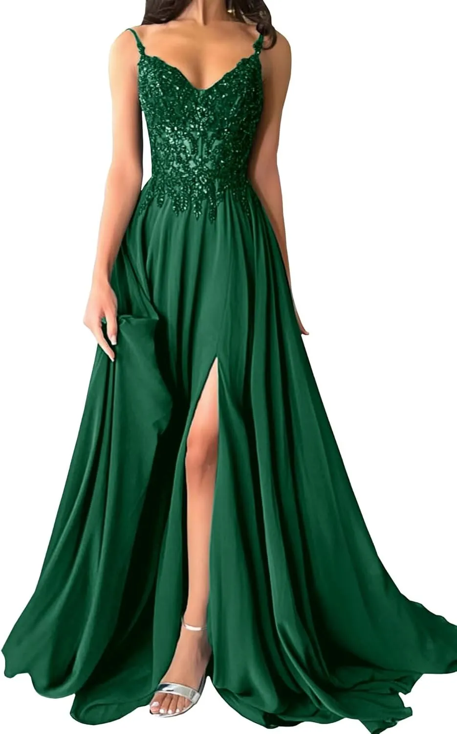 Womens Sparkly Lace Appliques Chiffon Prom Dresses V-Neck Spaghetti Straps Formal Dress Long Ball Gowns with Slit