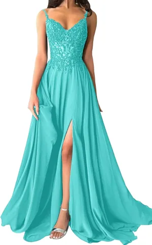 Womens Sparkly Lace Appliques Chiffon Prom Dresses V-Neck Spaghetti Straps Formal Dress Long Ball Gowns with Slit