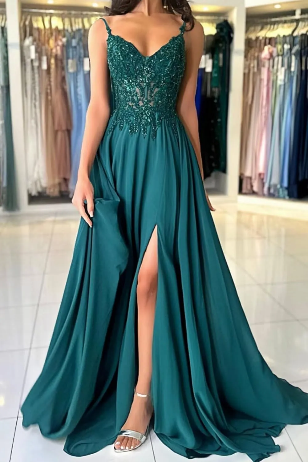 Womens Sparkly Lace Appliques Chiffon Prom Dresses V-Neck Spaghetti Straps Formal Dress Long Ball Gowns with Slit