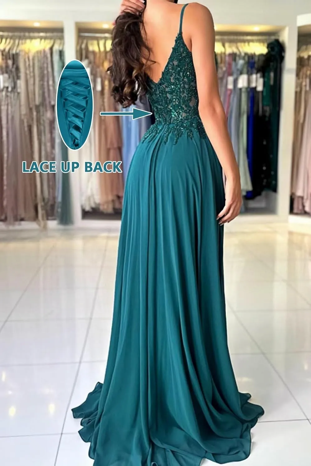 Womens Sparkly Lace Appliques Chiffon Prom Dresses V-Neck Spaghetti Straps Formal Dress Long Ball Gowns with Slit