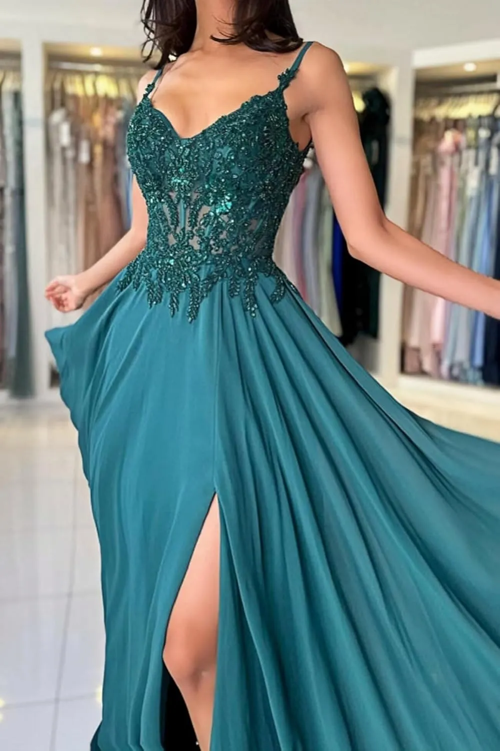 Womens Sparkly Lace Appliques Chiffon Prom Dresses V-Neck Spaghetti Straps Formal Dress Long Ball Gowns with Slit