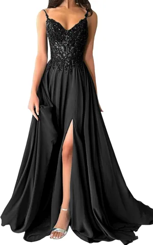 Womens Sparkly Lace Appliques Chiffon Prom Dresses V-Neck Spaghetti Straps Formal Dress Long Ball Gowns with Slit