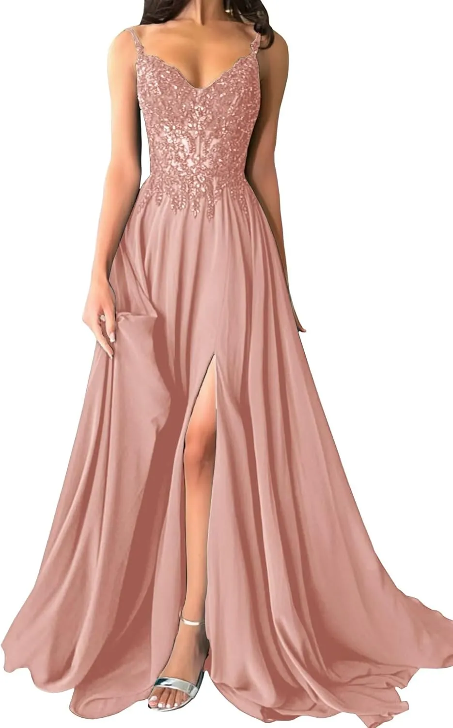 Womens Sparkly Lace Appliques Chiffon Prom Dresses V-Neck Spaghetti Straps Formal Dress Long Ball Gowns with Slit