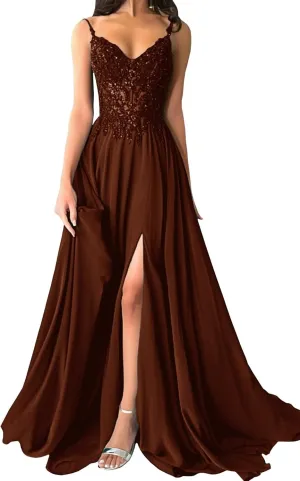 Womens Sparkly Lace Appliques Chiffon Prom Dresses V-Neck Spaghetti Straps Formal Dress Long Ball Gowns with Slit