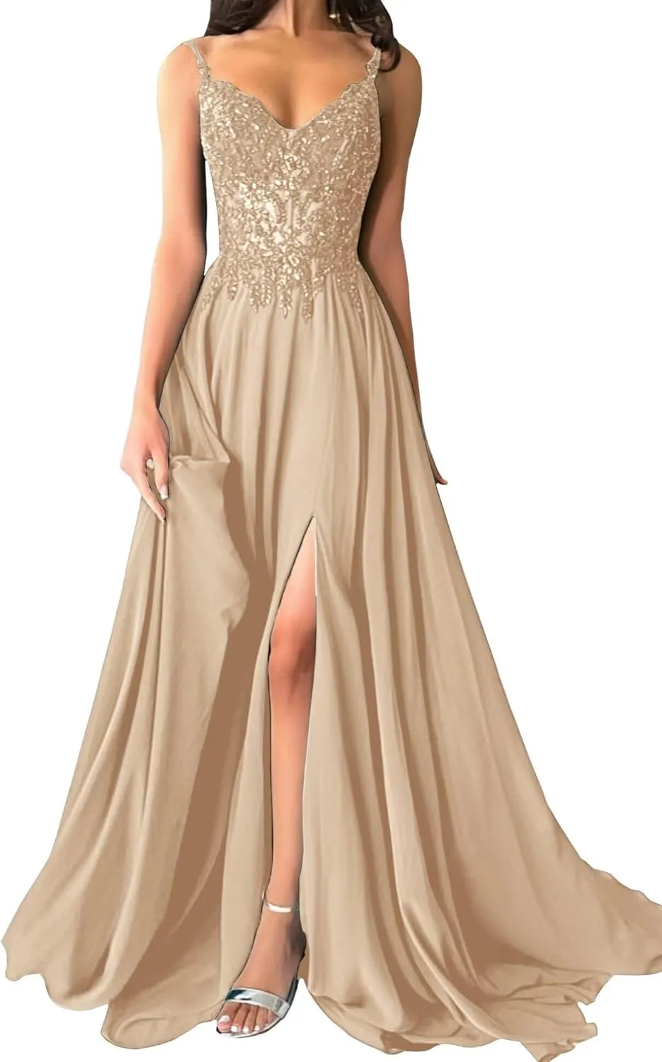 Womens Sparkly Lace Appliques Chiffon Prom Dresses V-Neck Spaghetti Straps Formal Dress Long Ball Gowns with Slit