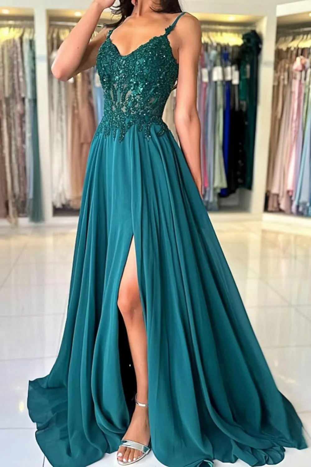 Womens Sparkly Lace Appliques Chiffon Prom Dresses V-Neck Spaghetti Straps Formal Dress Long Ball Gowns with Slit