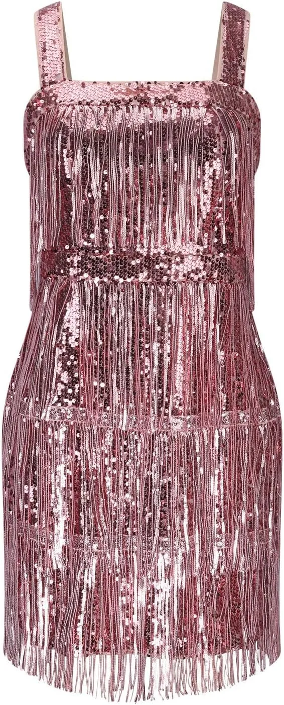 Women's Sparkly Sequin Tassels Fringe Dress V Neck Spaghetti Straps Bodycon Country Concert Outfits Party Clubwear