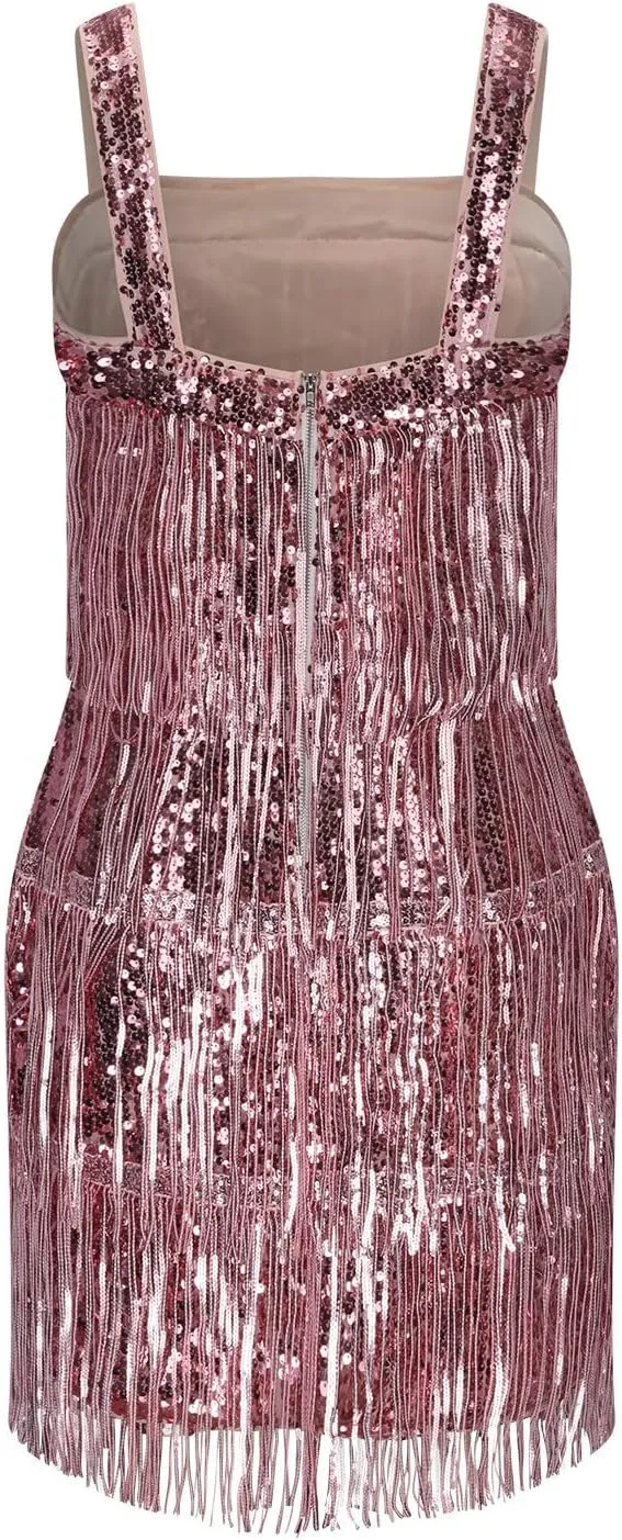Women's Sparkly Sequin Tassels Fringe Dress V Neck Spaghetti Straps Bodycon Country Concert Outfits Party Clubwear