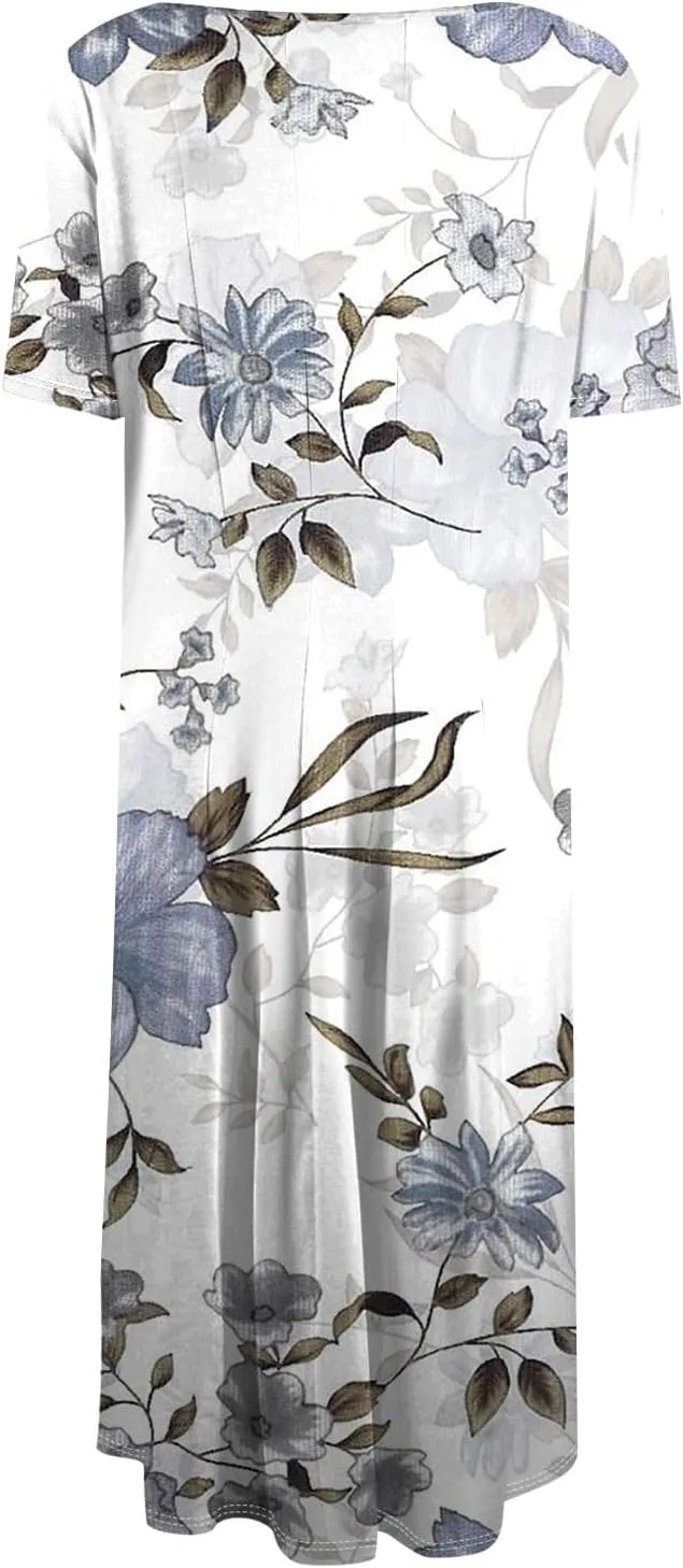 Womens Spring Dress Casual Short Sleeve Midi Dresses Round Neck Floral Print Pleated A Line Boho Flowy Beach Sundress