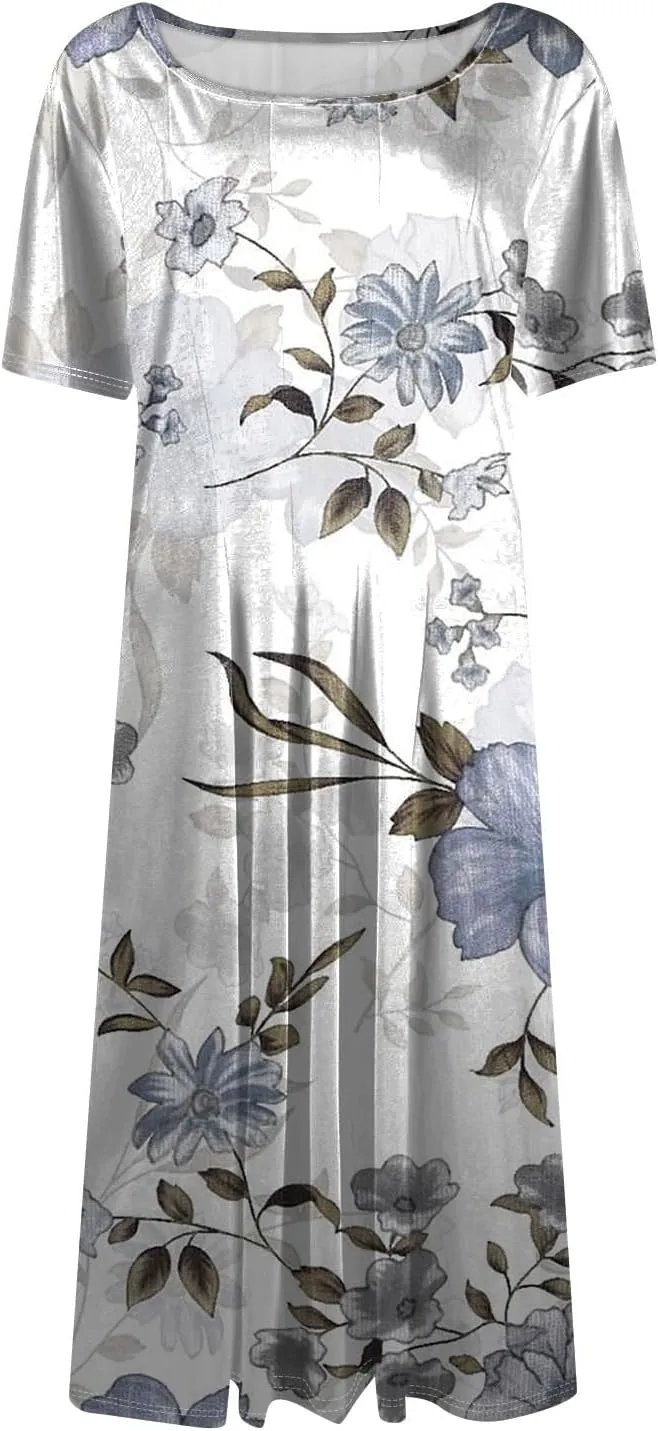 Womens Spring Dress Casual Short Sleeve Midi Dresses Round Neck Floral Print Pleated A Line Boho Flowy Beach Sundress