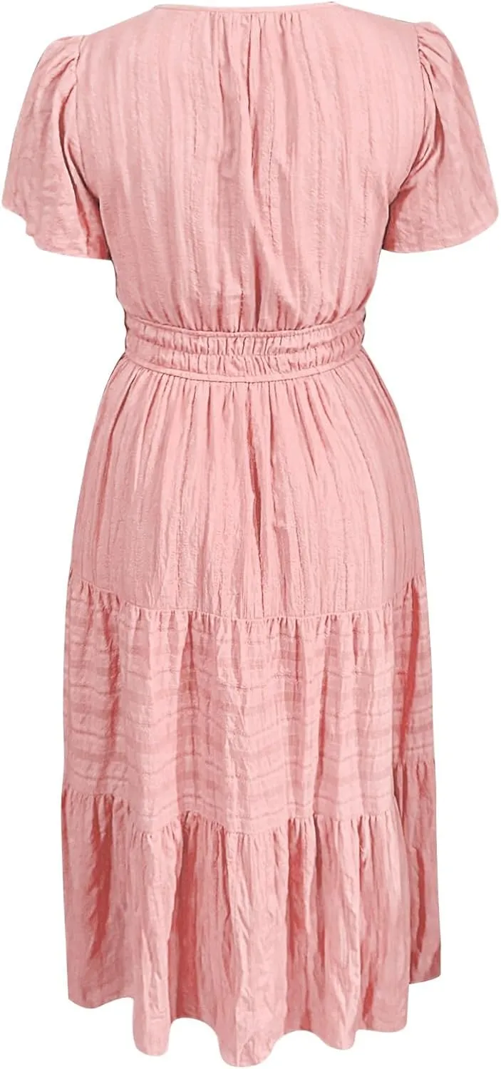 Womens Summer 2025 Casual Midi Maxi Dresses Lightweight Short Sleeve V Neck Elastic Waist Boho Beach Dress Pockets