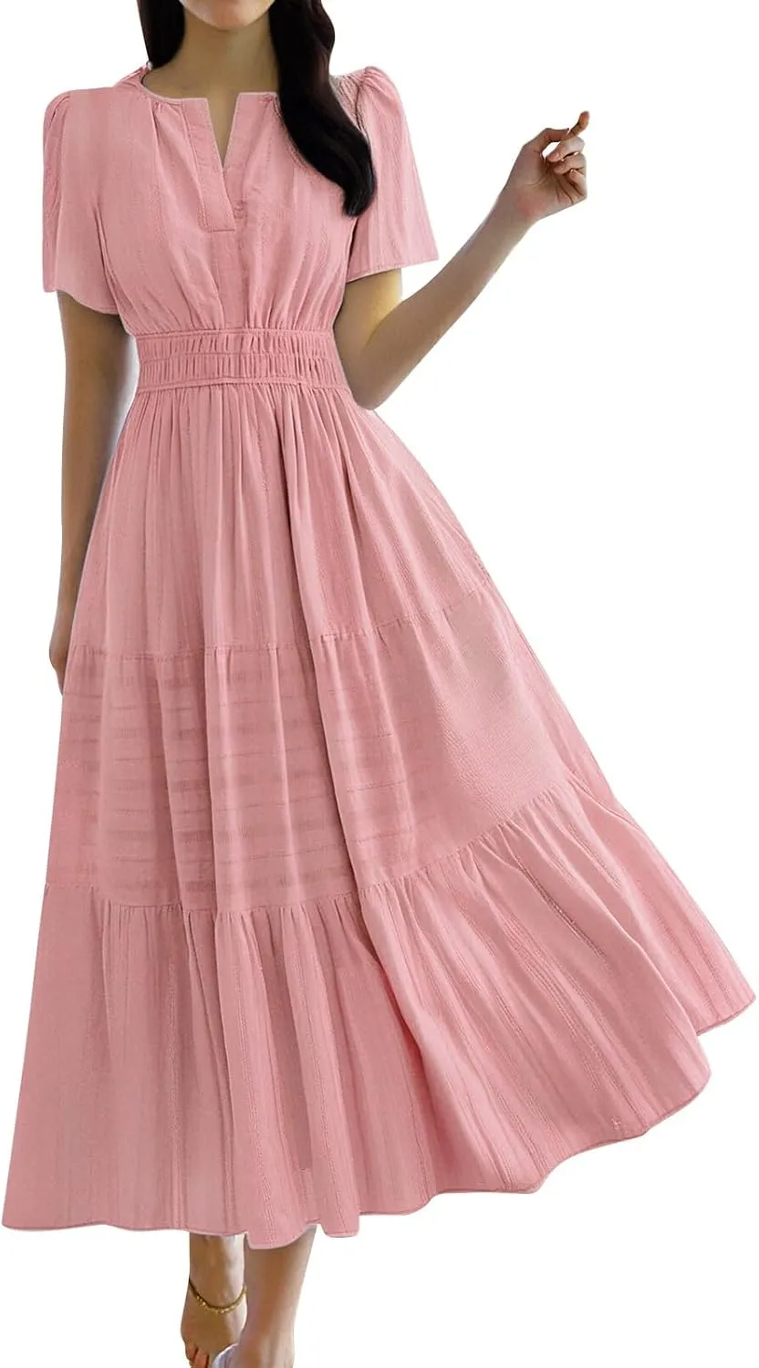 Womens Summer 2025 Casual Midi Maxi Dresses Lightweight Short Sleeve V Neck Elastic Waist Boho Beach Dress Pockets