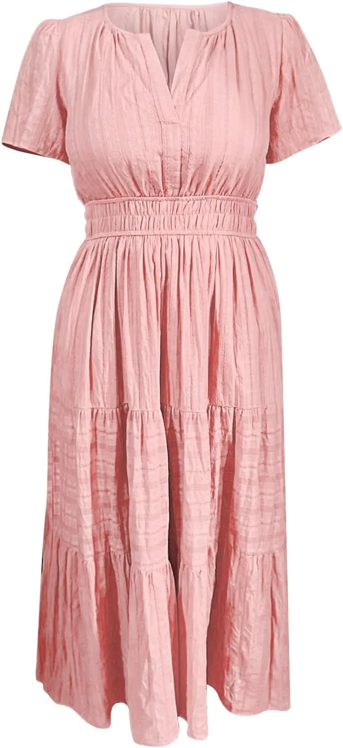 Womens Summer 2025 Casual Midi Maxi Dresses Lightweight Short Sleeve V Neck Elastic Waist Boho Beach Dress Pockets