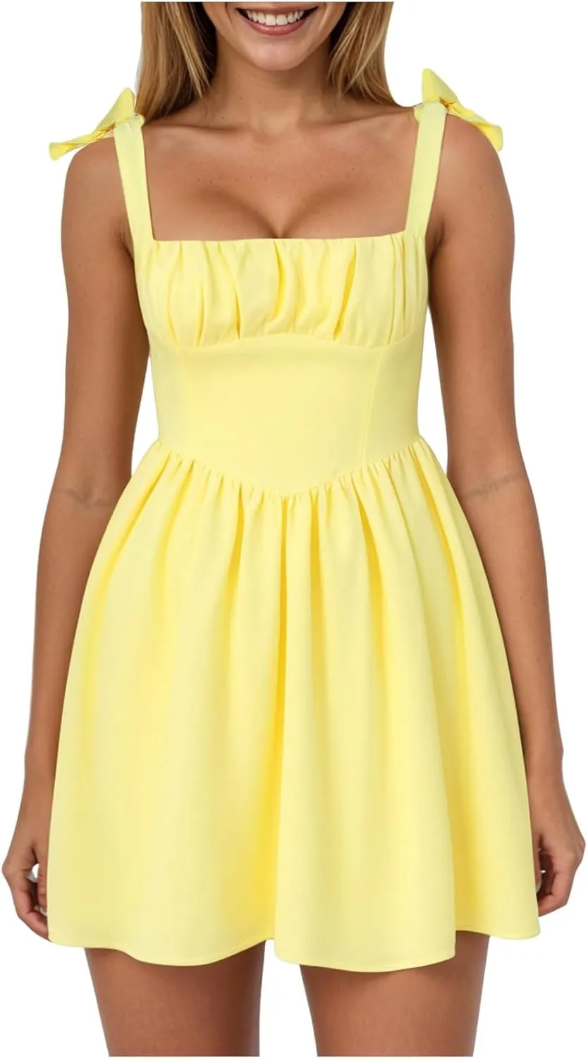 Women's Summer Casual Square Neck Dress Sleeveless High Waist A-line Midi Dresses