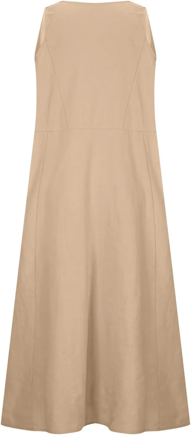 Womens Summer Cotton Linen Long Dress Loose Fit Sleeveless Flowy Dresses 2025 Plus Size Casual Dress with Pockets