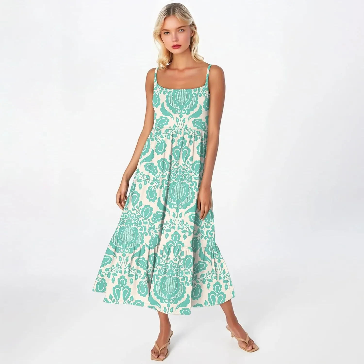 Women's Summer Dress 2025 Boho Midi Dresses Casual Floral Sleeveless Spaghetti Strap Square Neck Ruffle Long Beach Sundresses