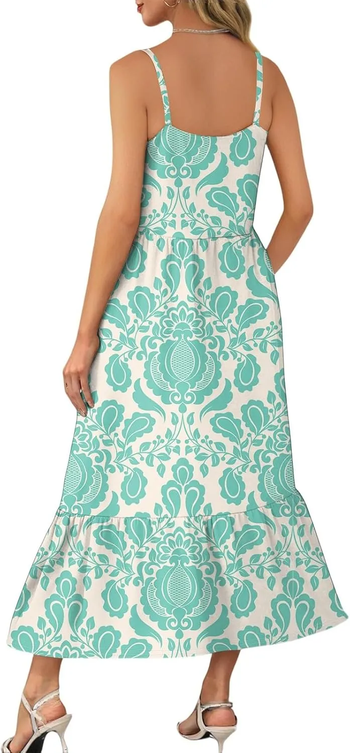 Women's Summer Dress 2025 Boho Midi Dresses Casual Floral Sleeveless Spaghetti Strap Square Neck Ruffle Long Beach Sundresses