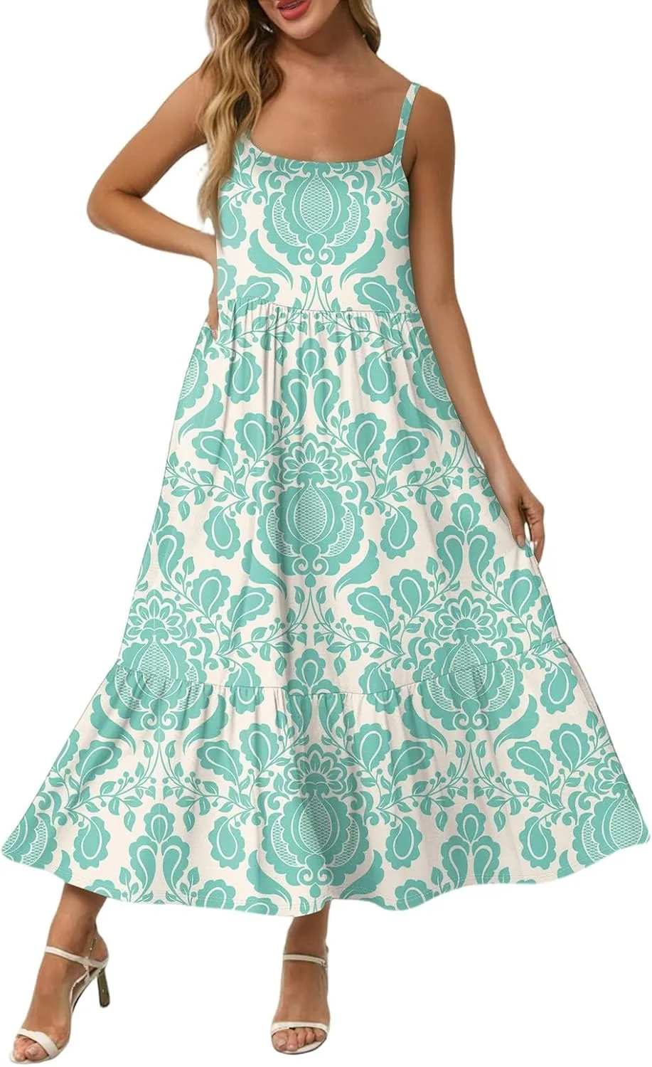 Women's Summer Dress 2025 Boho Midi Dresses Casual Floral Sleeveless Spaghetti Strap Square Neck Ruffle Long Beach Sundresses