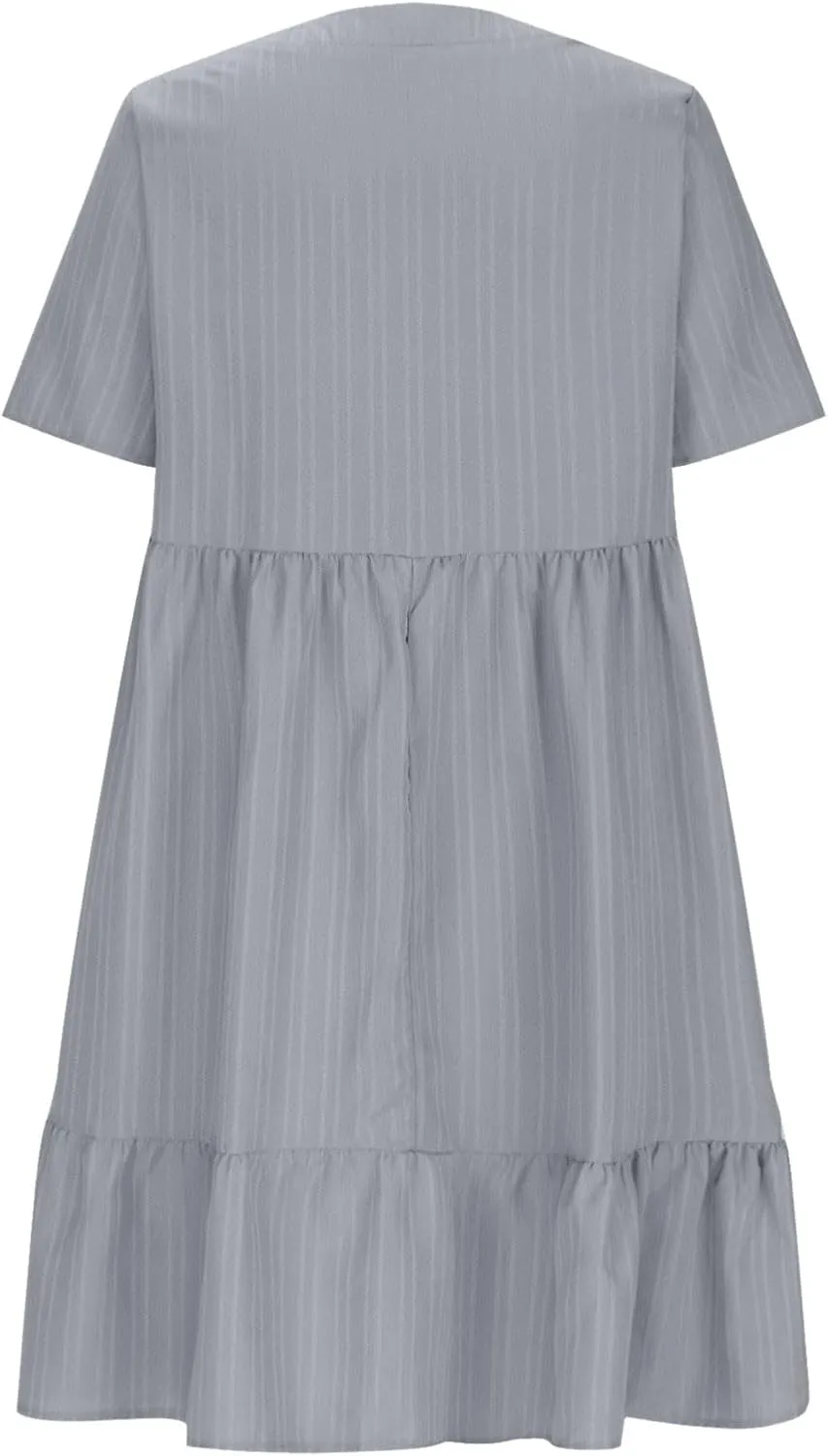 Womens Summer Dress Short Sleeve V Neck Midi Dresses Fashion Casual Fit Flowy Tiered Boho Beach Vacation Sundress