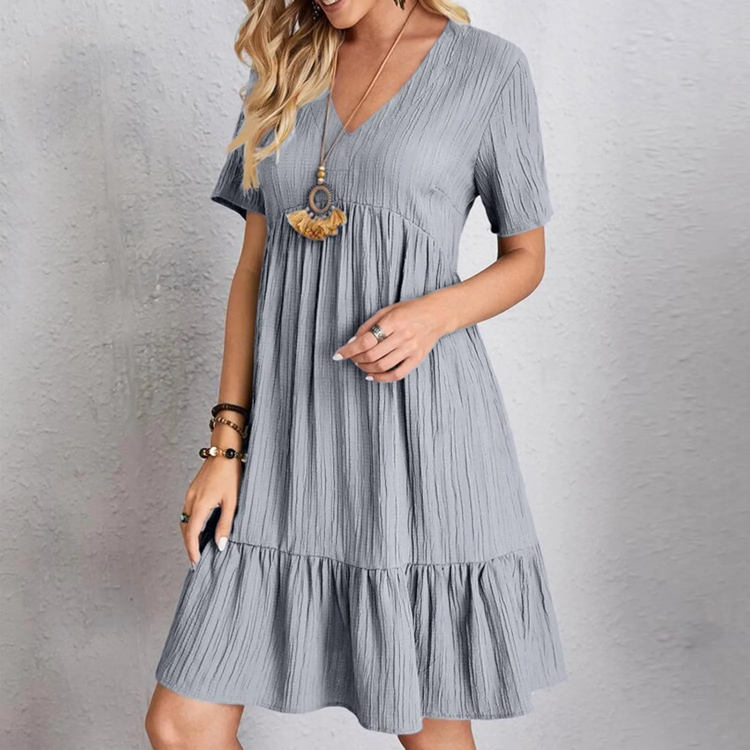 Womens Summer Dress Short Sleeve V Neck Midi Dresses Fashion Casual Fit Flowy Tiered Boho Beach Vacation Sundress