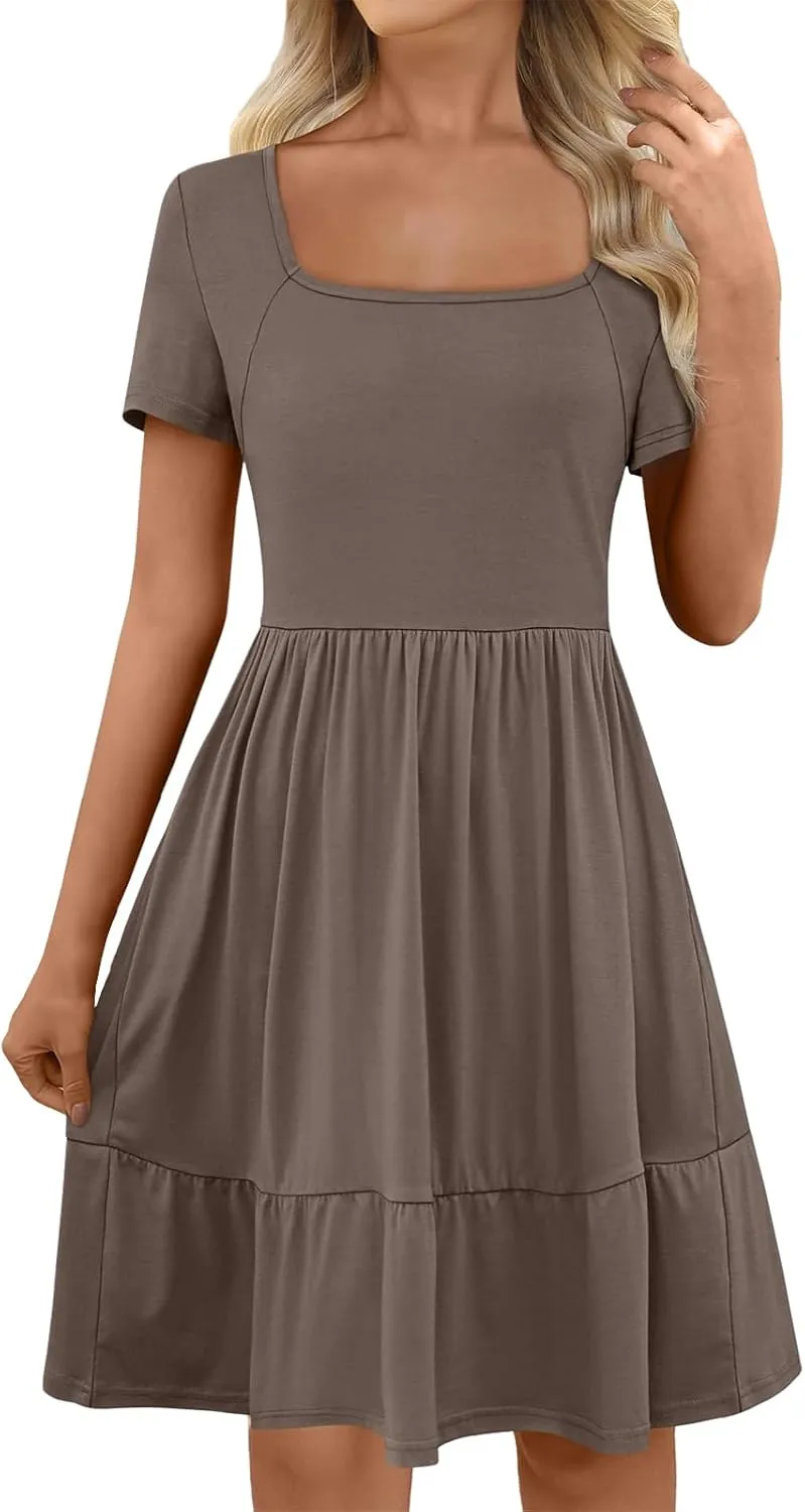 Womens Summer Dresses Casual Square Neck Short Sleeve A Line Midi Dress Loose Fit Tunic Ruffle Hem Beach Sundress