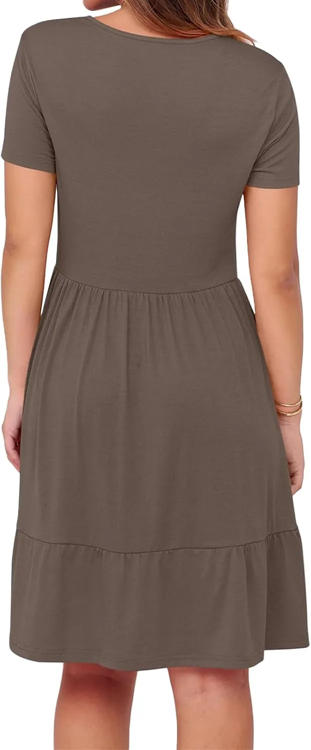 Womens Summer Dresses Casual Square Neck Short Sleeve A Line Midi Dress Loose Fit Tunic Ruffle Hem Beach Sundress