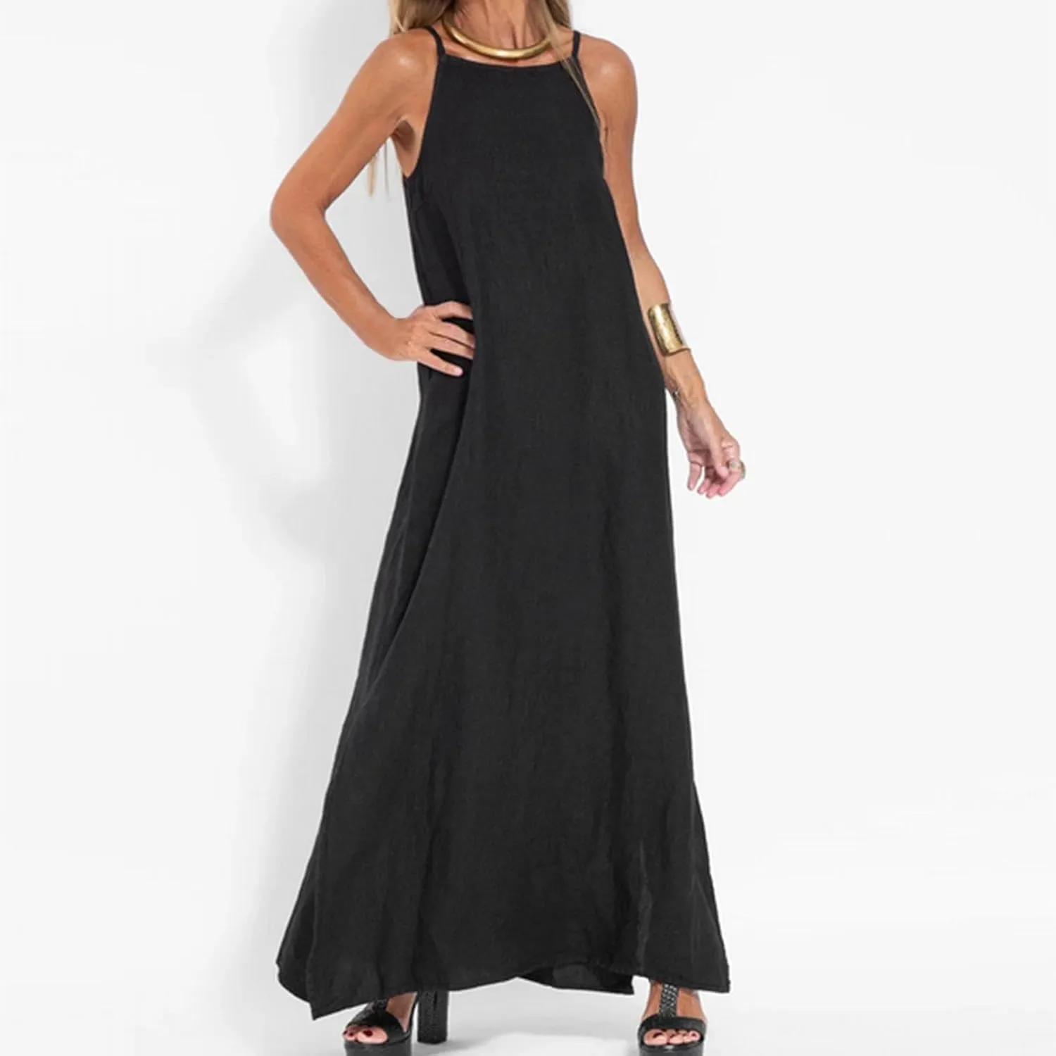 Women's Summer Dresses Spring Cotton Linen Spaghetti Casual Beach Outfits Clothes Flowy Split Maxi Sundress