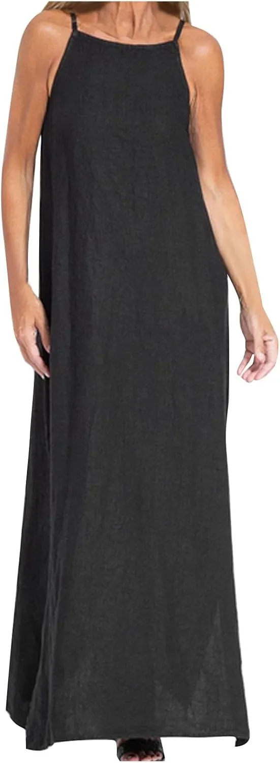 Women's Summer Dresses Spring Cotton Linen Spaghetti Casual Beach Outfits Clothes Flowy Split Maxi Sundress