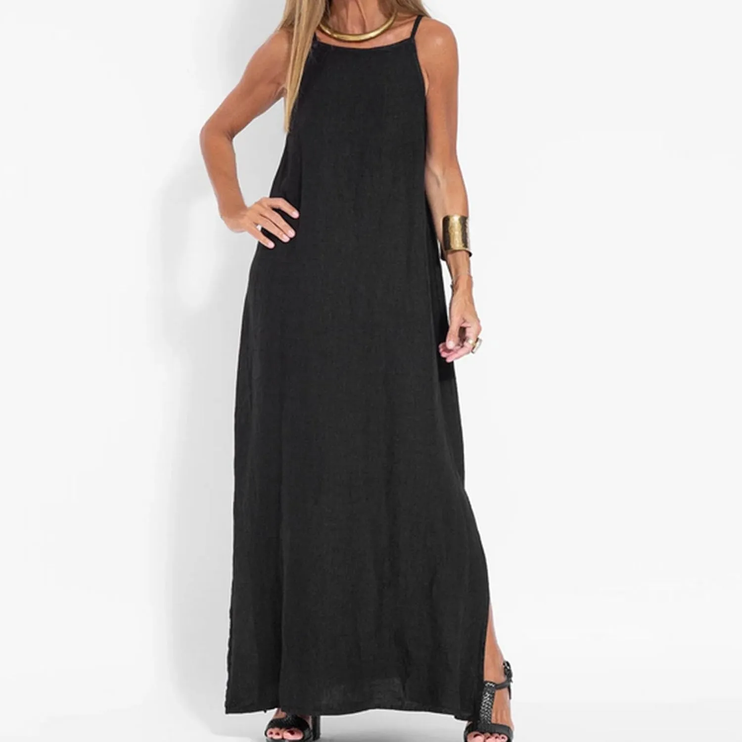 Women's Summer Dresses Spring Cotton Linen Spaghetti Casual Beach Outfits Clothes Flowy Split Maxi Sundress