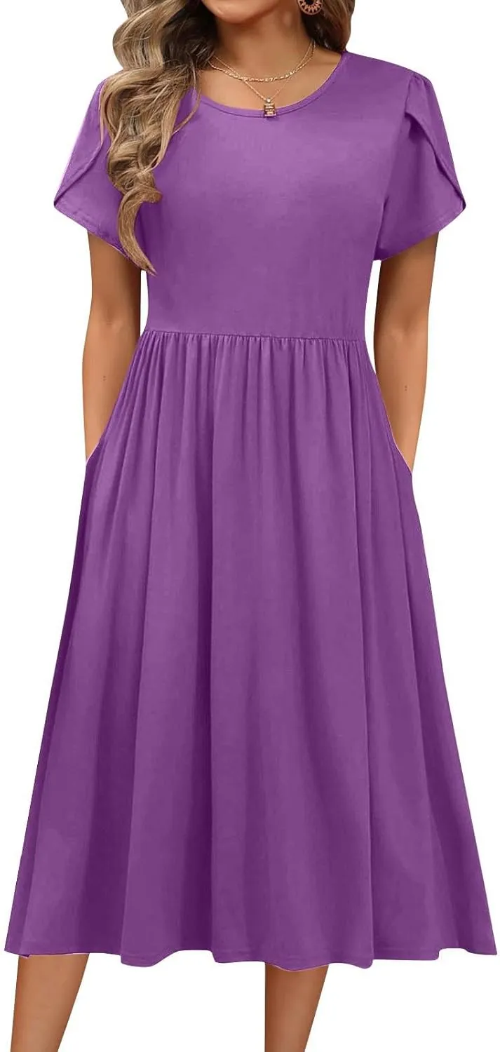 Women's Summer Flowy A-Line Midi Dresses Casual Petal Short Sleeve Solid T-Shirt Dress Beach Sundress with Pockets