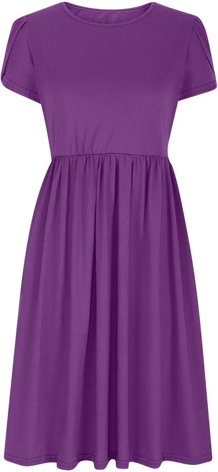 Women's Summer Flowy A-Line Midi Dresses Casual Petal Short Sleeve Solid T-Shirt Dress Beach Sundress with Pockets