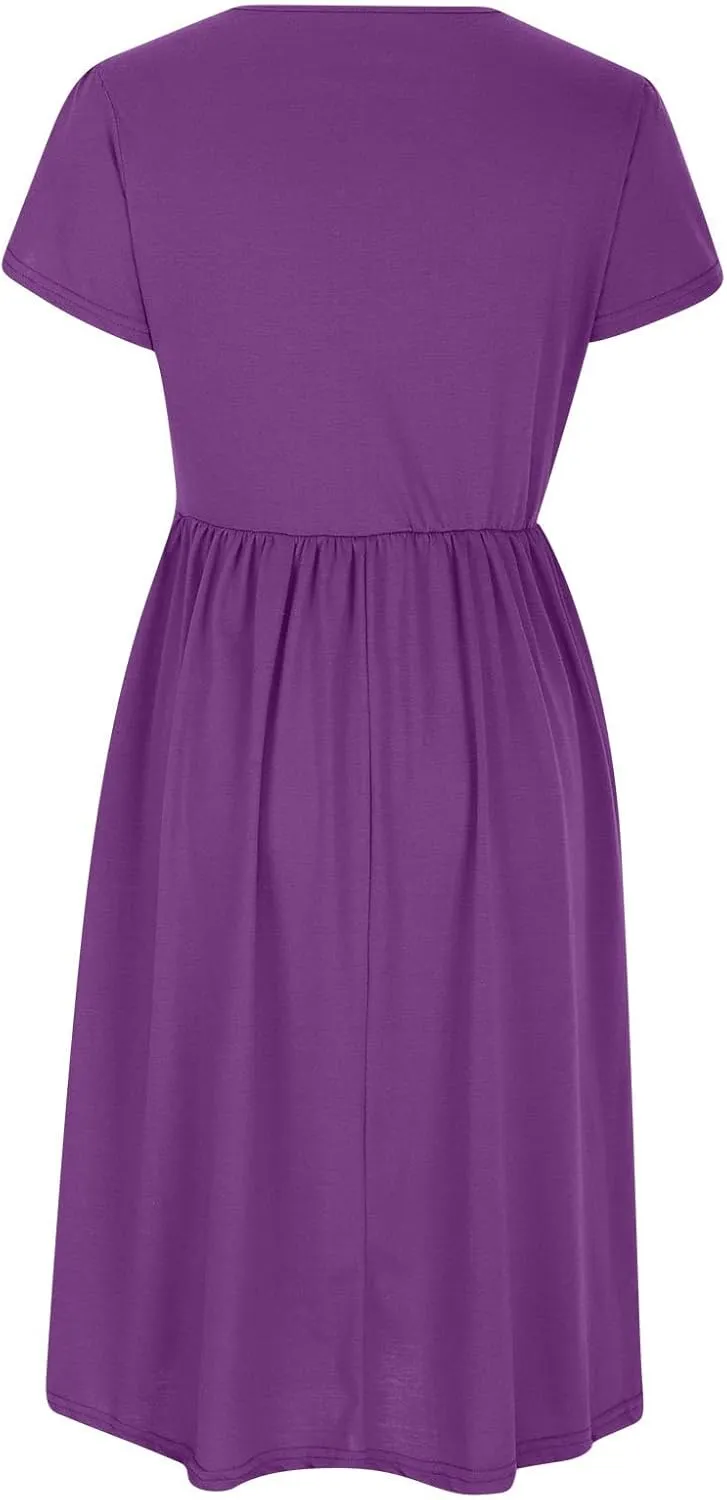 Women's Summer Flowy A-Line Midi Dresses Casual Petal Short Sleeve Solid T-Shirt Dress Beach Sundress with Pockets