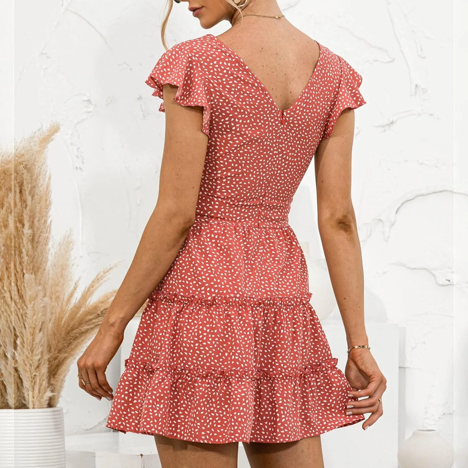 Womens Summer Short Sleeve Dresses V Neck Floral Print Ruffle Sleeve Layered Mini Dress Cute Smocked Short Dress