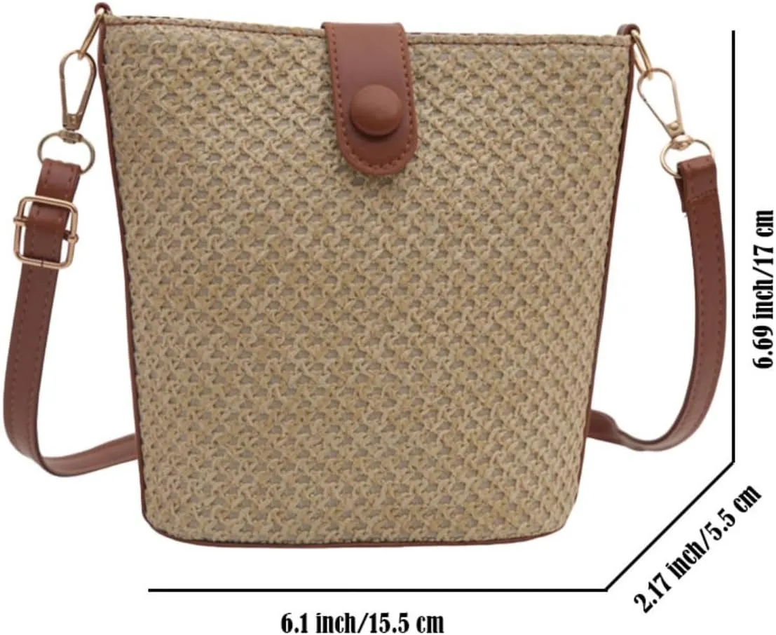 Women's Summer Straw Crossbody Bag Handmade Adjustable Straps Shoulder Bags Handwoven Bucket Bags