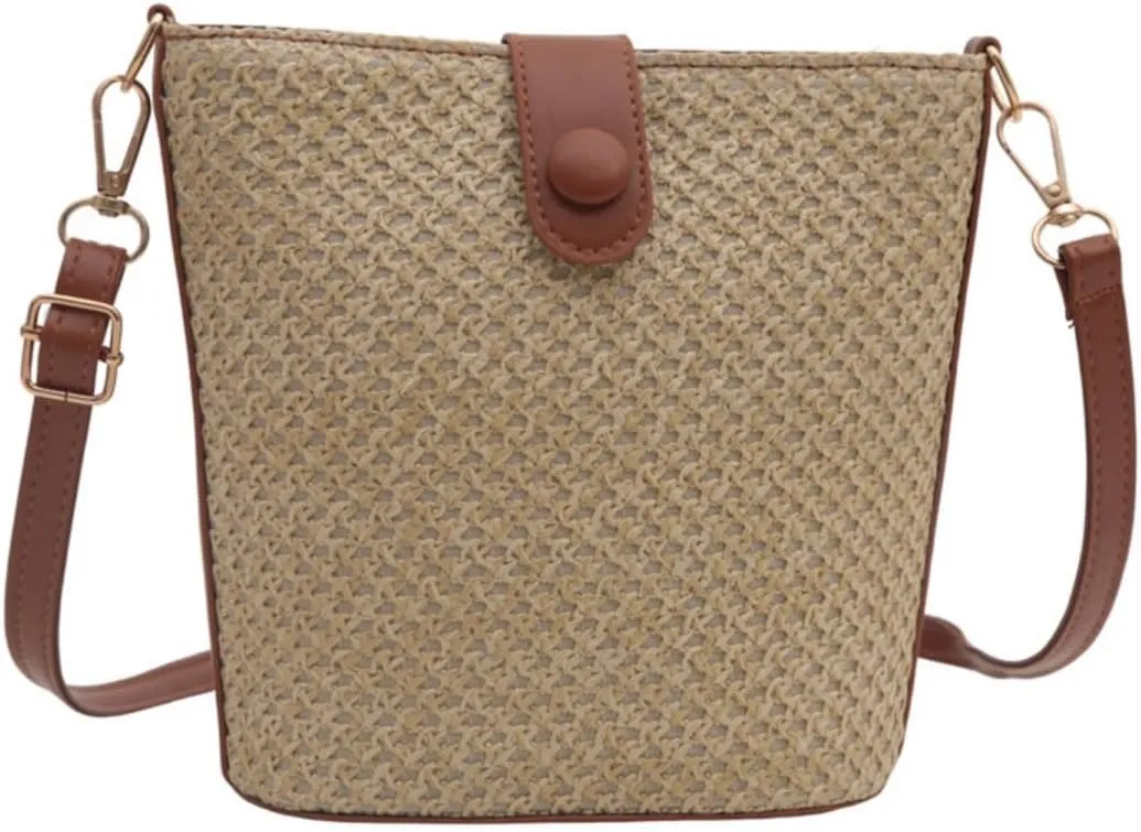 Women's Summer Straw Crossbody Bag Handmade Adjustable Straps Shoulder Bags Handwoven Bucket Bags