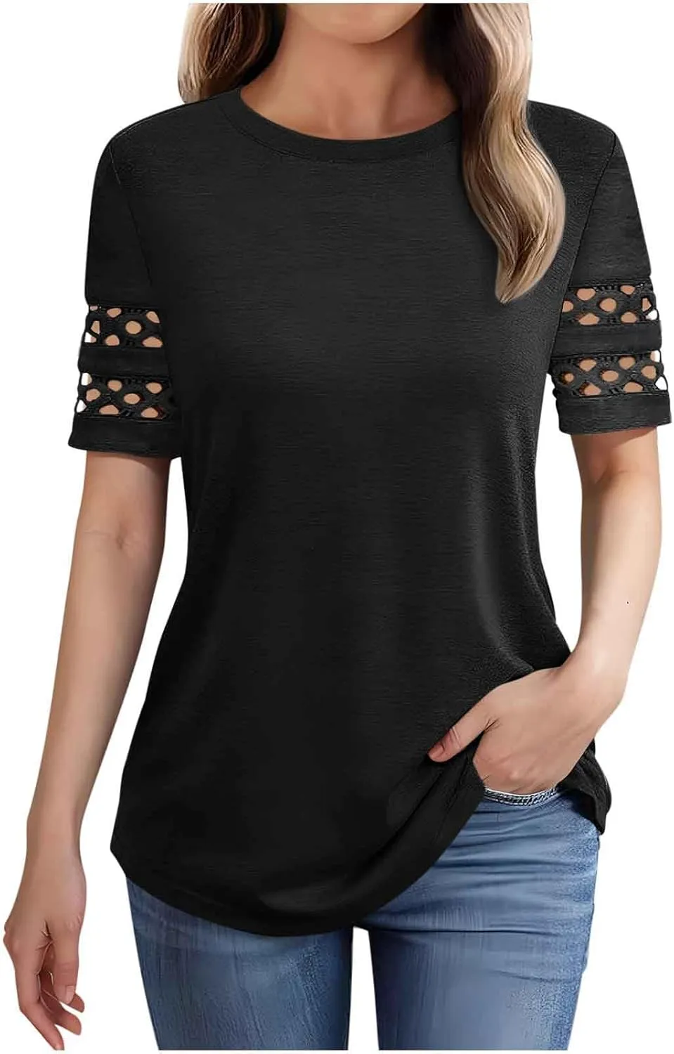 Womens Summer Tops Solid Color Business Casual Tshirts Hollow Out Short Sleeve Round Neck Blouse Basic T Shirt