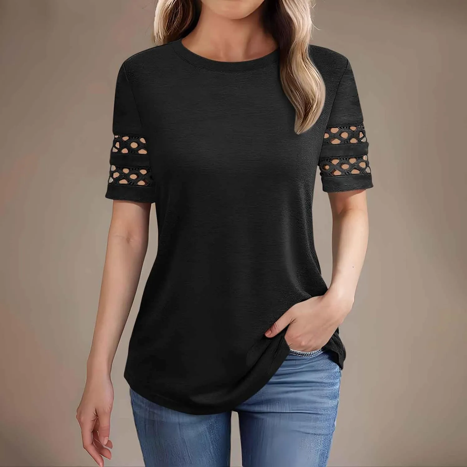 Womens Summer Tops Solid Color Business Casual Tshirts Hollow Out Short Sleeve Round Neck Blouse Basic T Shirt