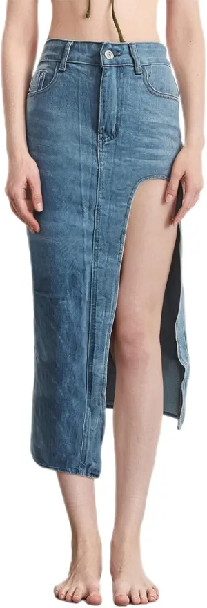 Women's Y2k Denim Midi Skirts Elegant Vintage High Waist Frayed Split A-Line Long Jean Skirts with Pockets