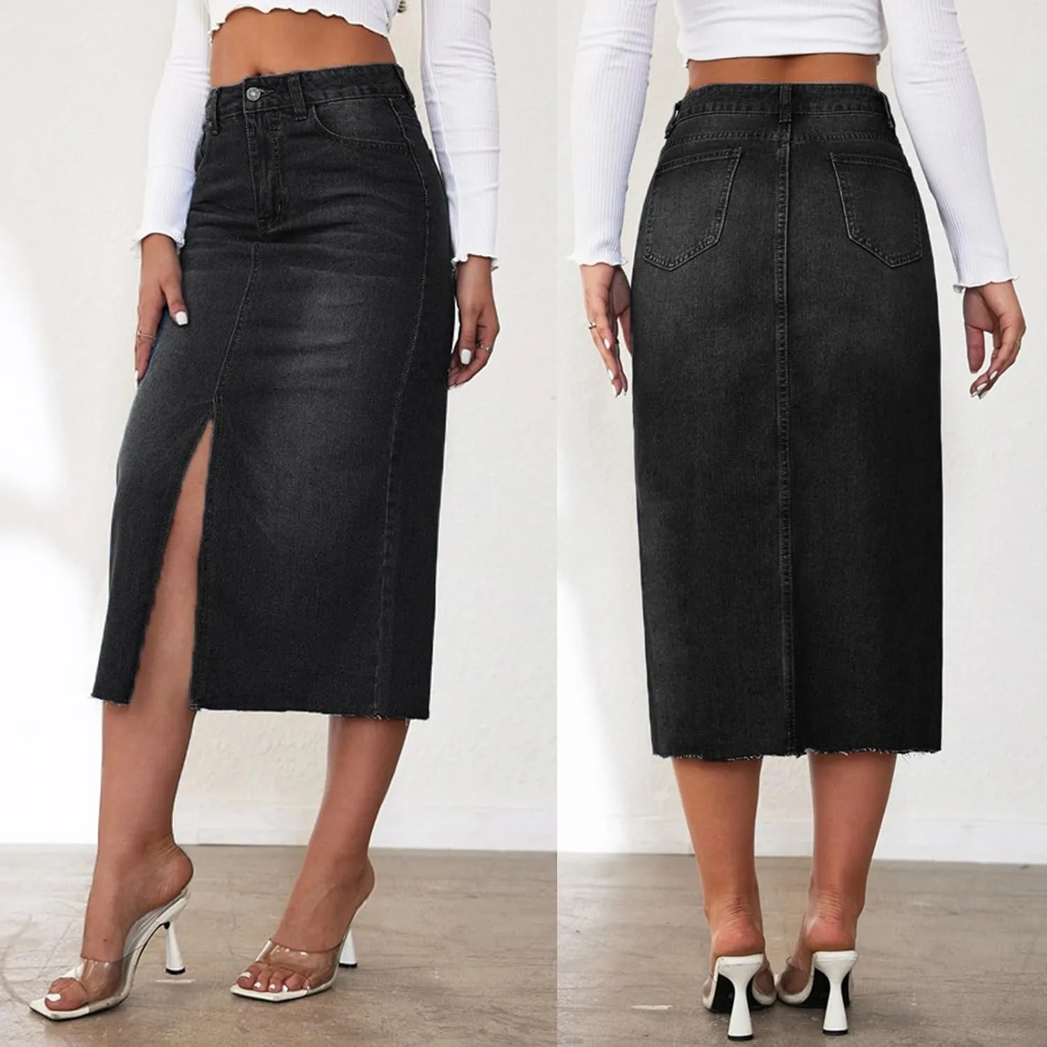 Women's Y2k Denim Midi Skirts Elegant Vintage High Waist Frayed Split A-Line Long Jean Skirts with Pockets