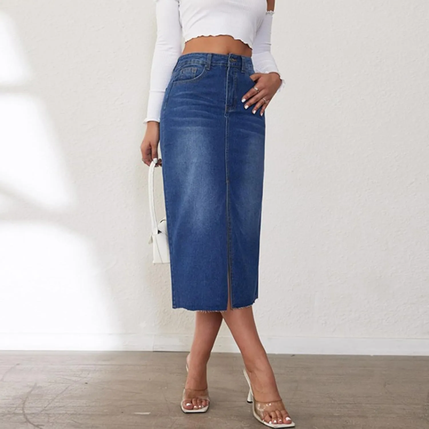 Women's Y2k Denim Midi Skirts Elegant Vintage High Waist Frayed Split A-Line Long Jean Skirts with Pockets