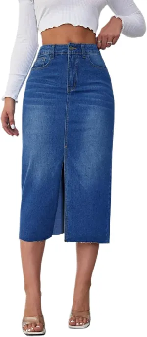 Women's Y2k Denim Midi Skirts Elegant Vintage High Waist Frayed Split A-Line Long Jean Skirts with Pockets