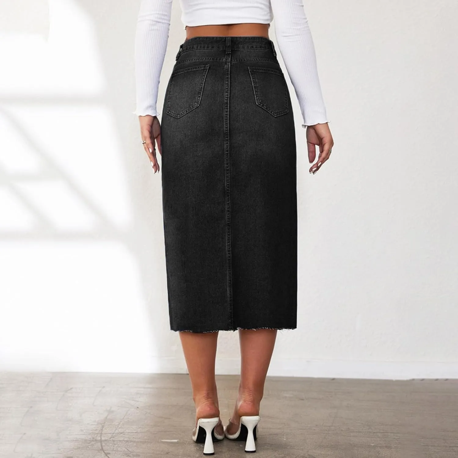 Women's Y2k Denim Midi Skirts Elegant Vintage High Waist Frayed Split A-Line Long Jean Skirts with Pockets
