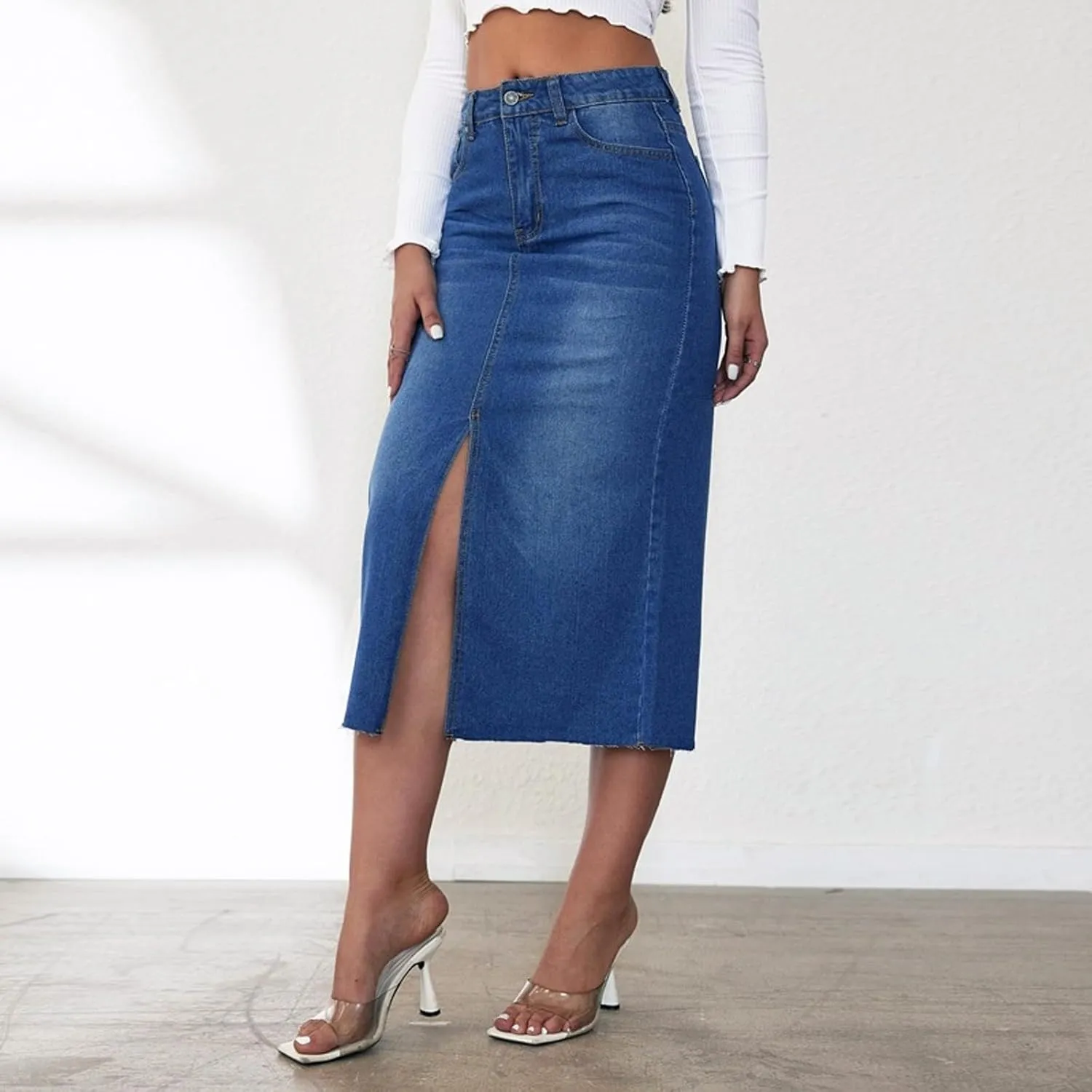 Women's Y2k Denim Midi Skirts Elegant Vintage High Waist Frayed Split A-Line Long Jean Skirts with Pockets
