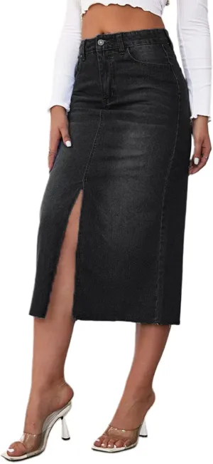 Women's Y2k Denim Midi Skirts Elegant Vintage High Waist Frayed Split A-Line Long Jean Skirts with Pockets