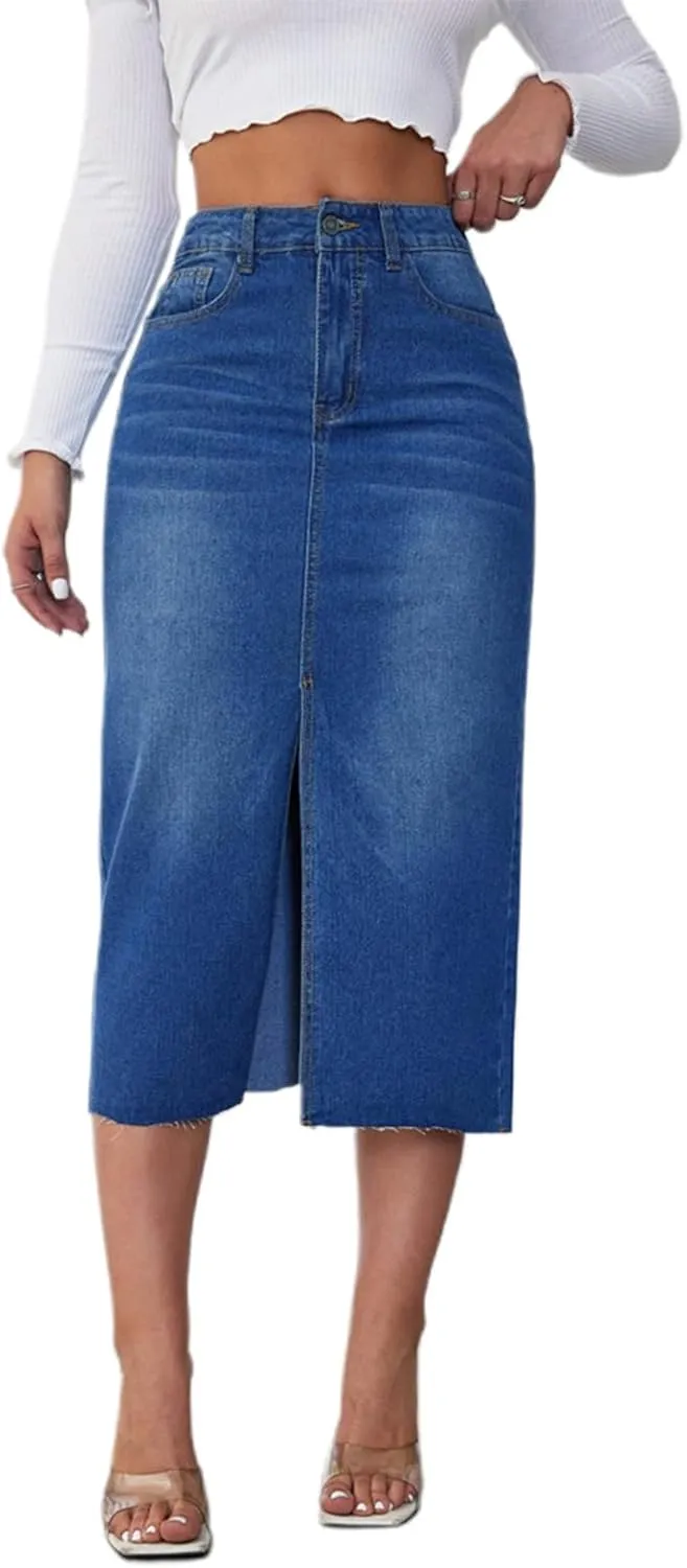 Women's Y2k Denim Midi Skirts Elegant Vintage High Waist Frayed Split A-Line Long Jean Skirts with Pockets